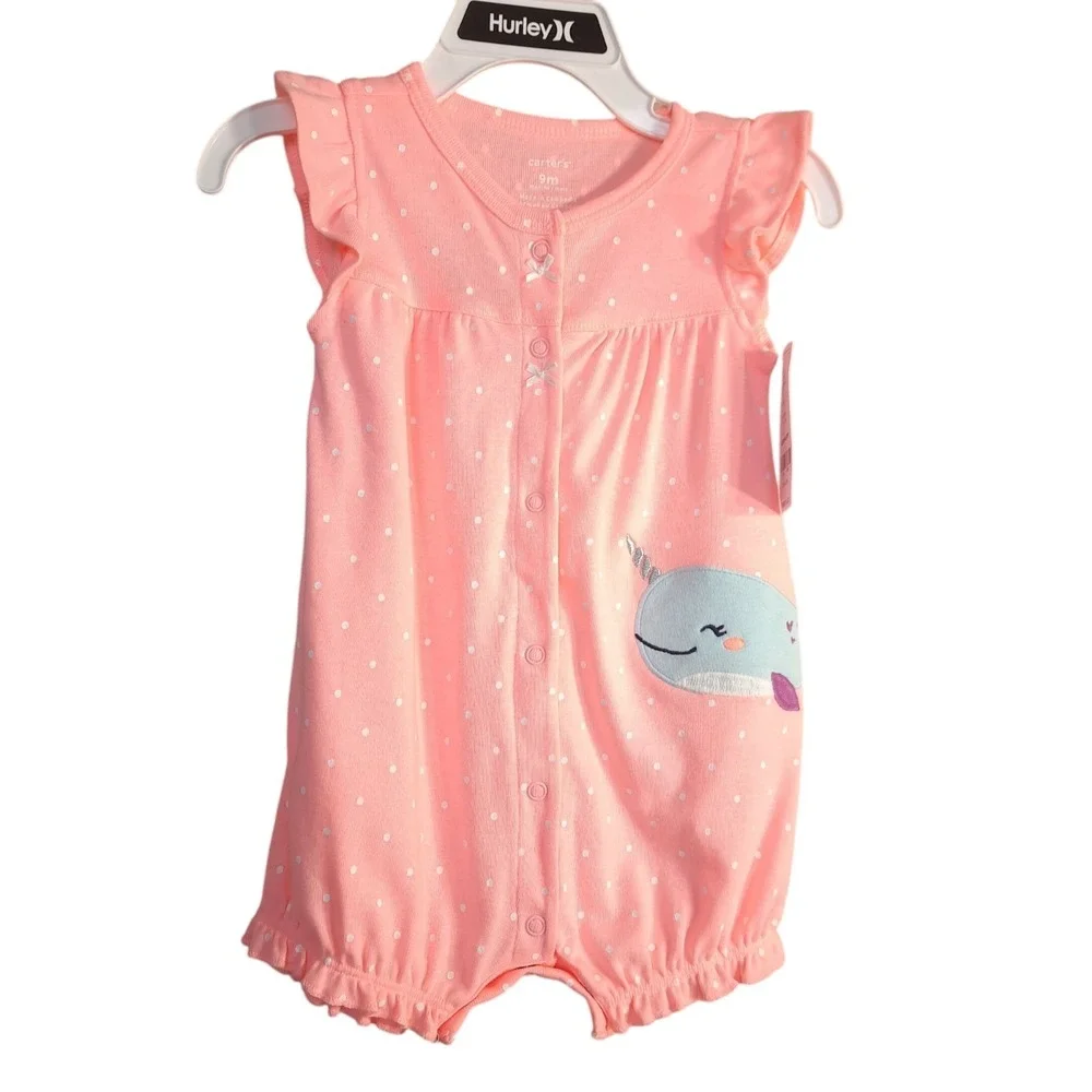Carter's Girl's Narwhal Snap-Up Romper Size 9-Months Pink/Coral Ruffle Arms Legs